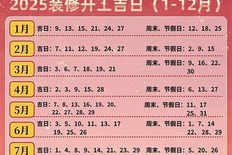 2025年动工装修黄道吉日一览表